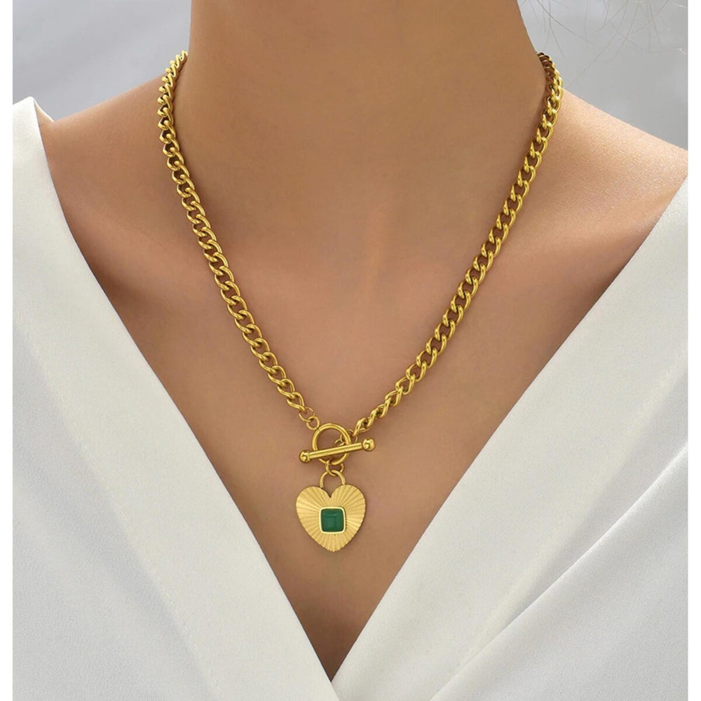 Goldtone & Green Heart Chain Link Necklace - White