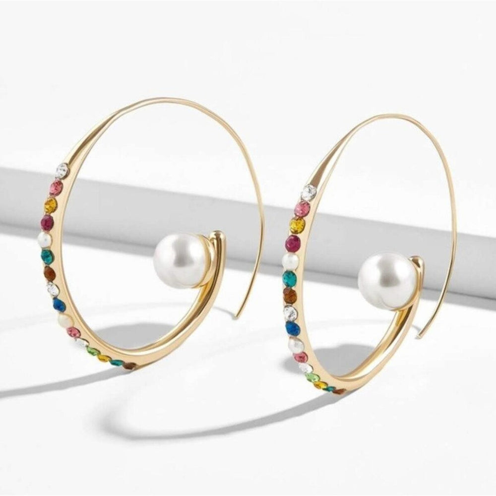 Goldtone & Multi Colored Crystal And Faux Pearl Threader Hoop Earrings