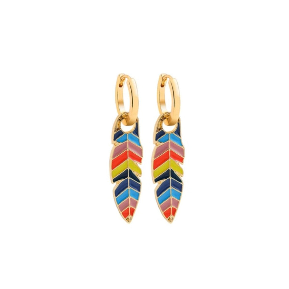 Goldtone & Multi Colored Feather Huggie Hoop Earrings