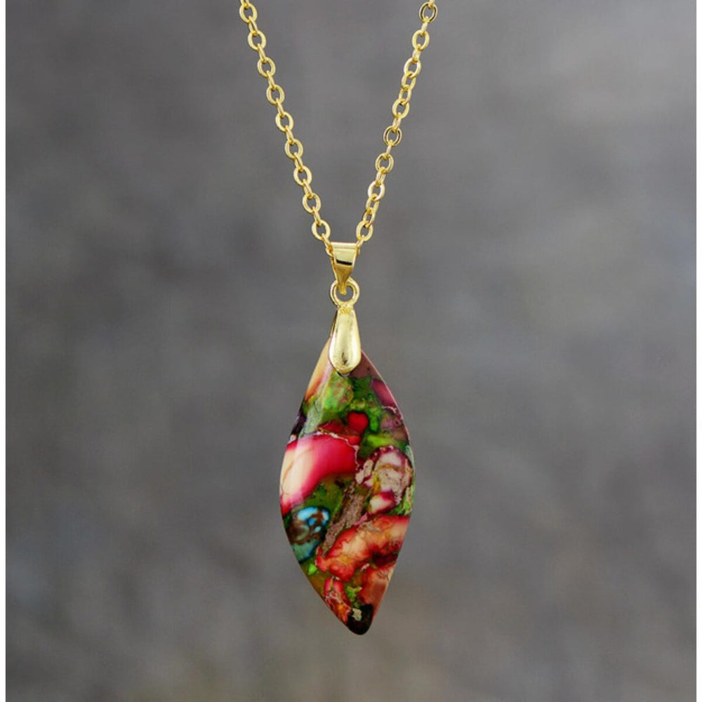 Goldtone & Multi Colored Red Jasper Leaf Pendant Necklace - White