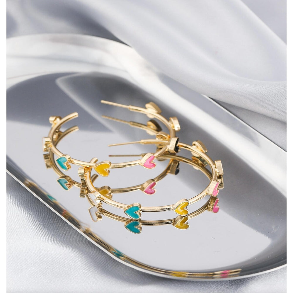 Goldtone & Multi Coloured Heart Hoop Earrings