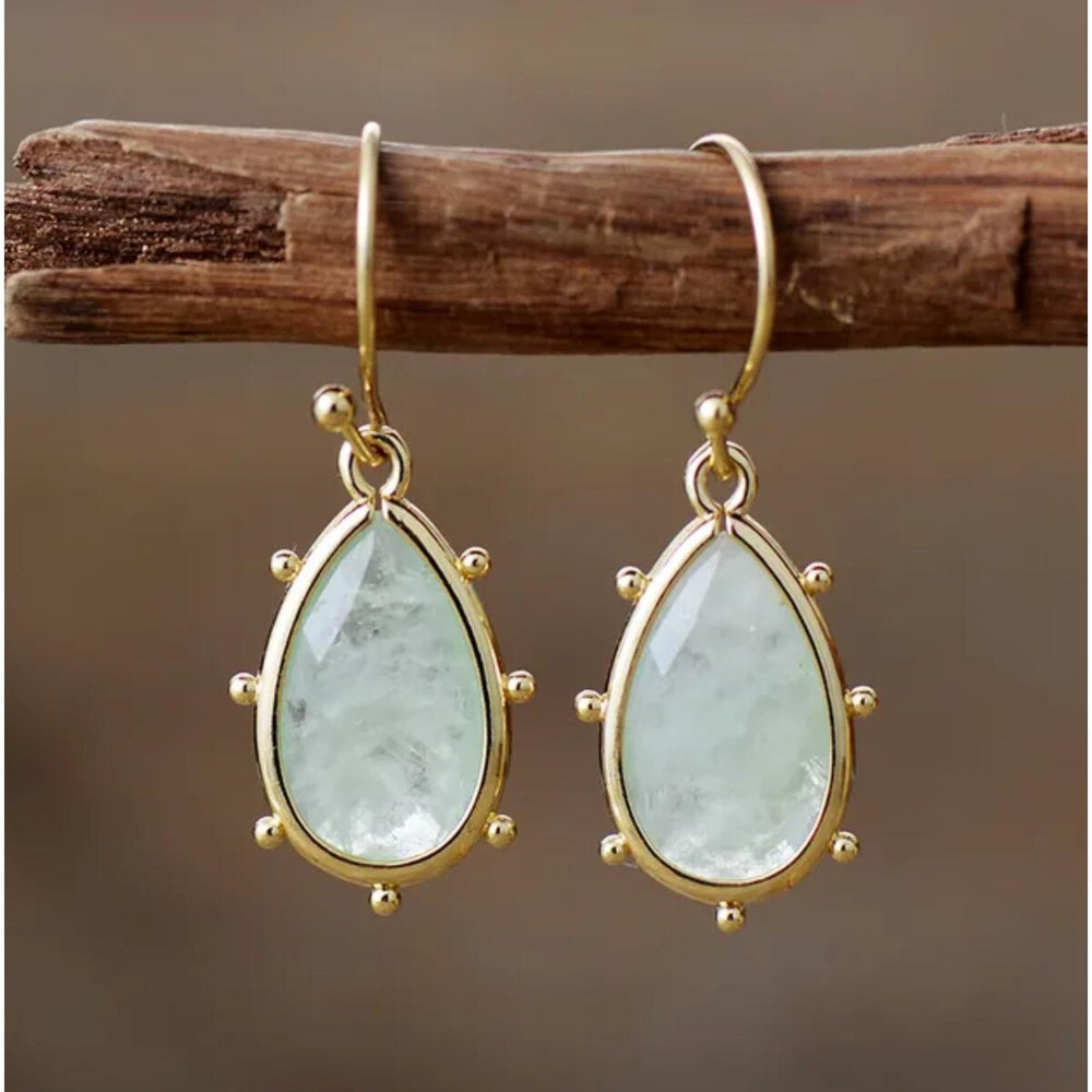 Goldtone & Pale Green Fluorite Gemstone Teardrop Dotted Drop Earrings