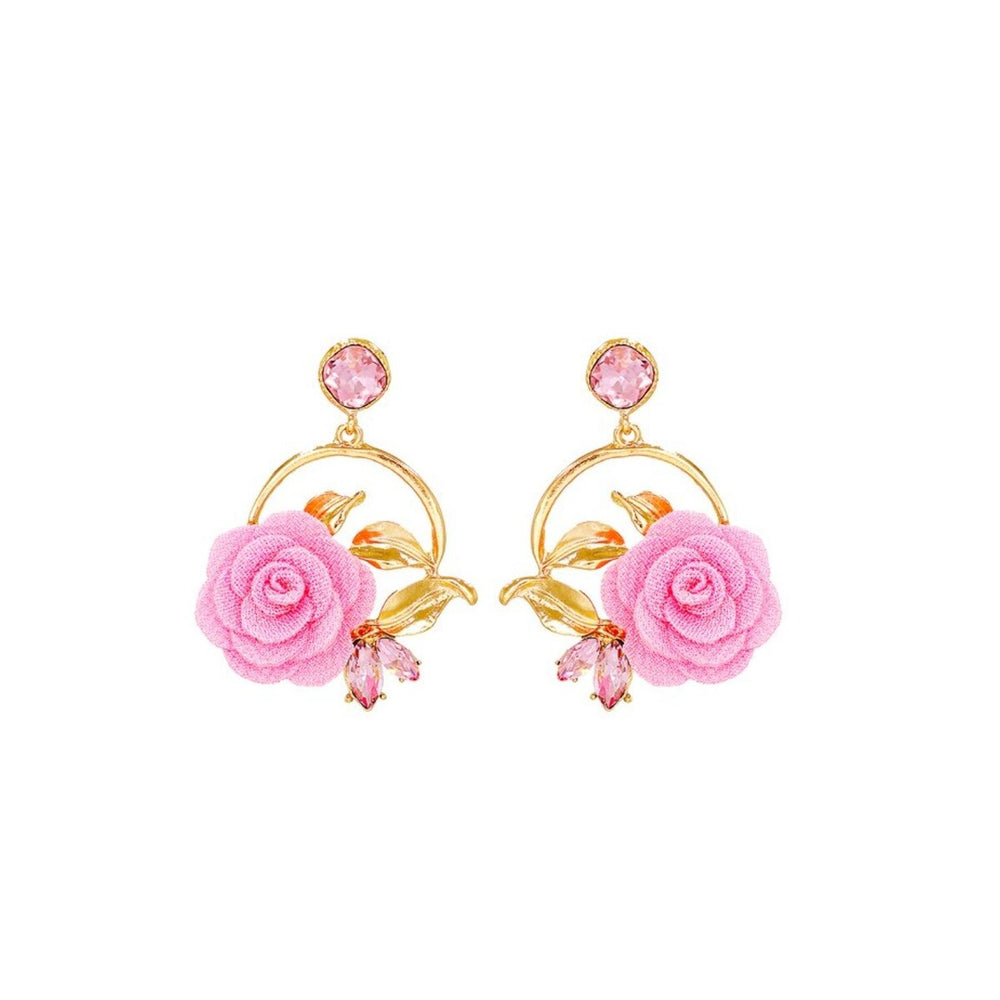 Goldtone & Pink Rose Floral Stud Earrings