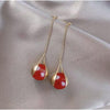 Goldtone & Red Ball Drop Earrings