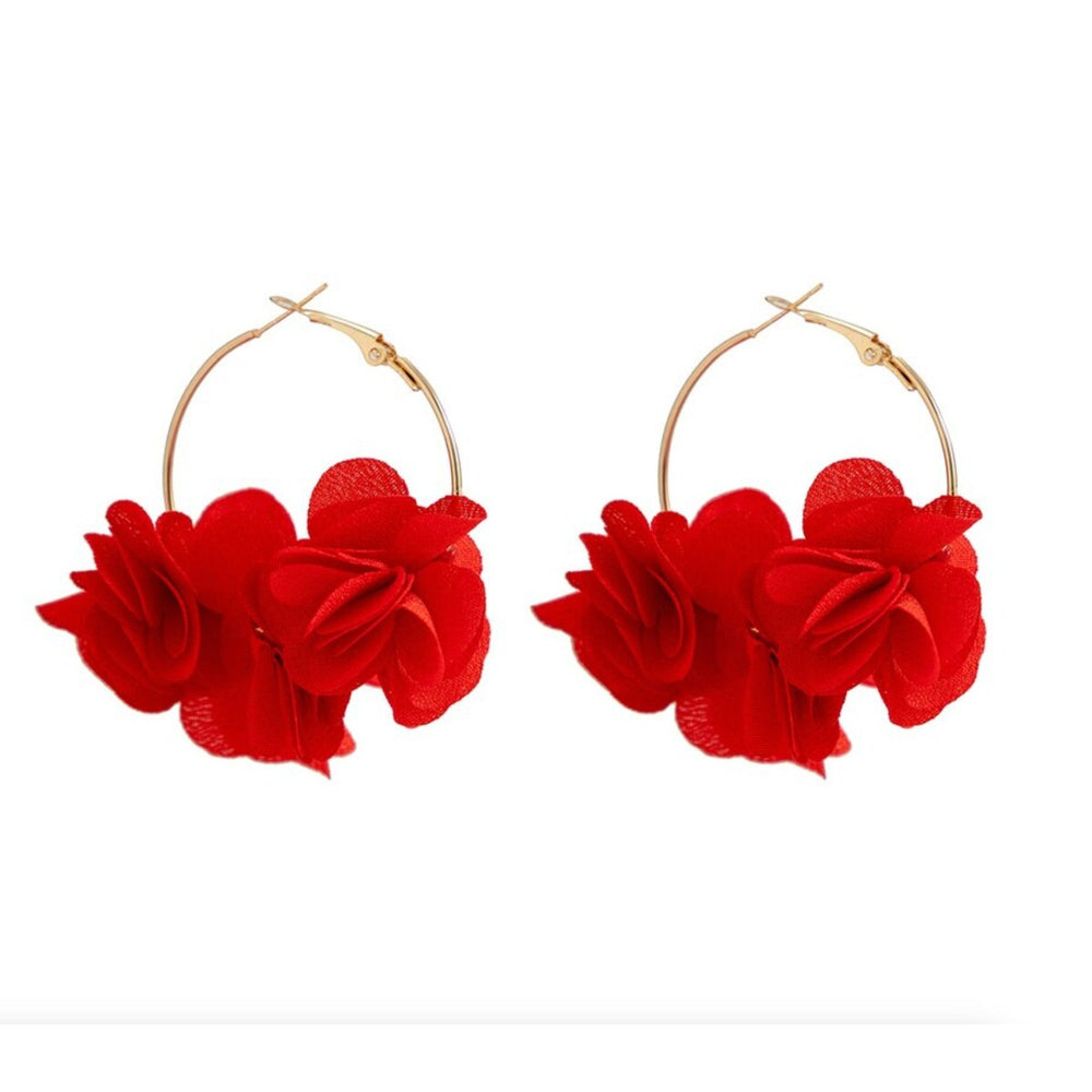 Goldtone & Red Clustered Floral Hoop Earrings