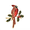 Goldtone & Red Crystal Bird on Holly Branch Brooch