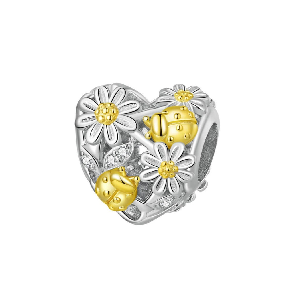 Goldtone & Sterling Silver Daisy & Bee Heart Charm