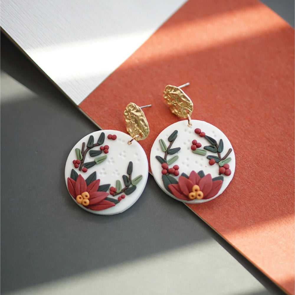 Goldtone & White Circular Earrings With Red Flower