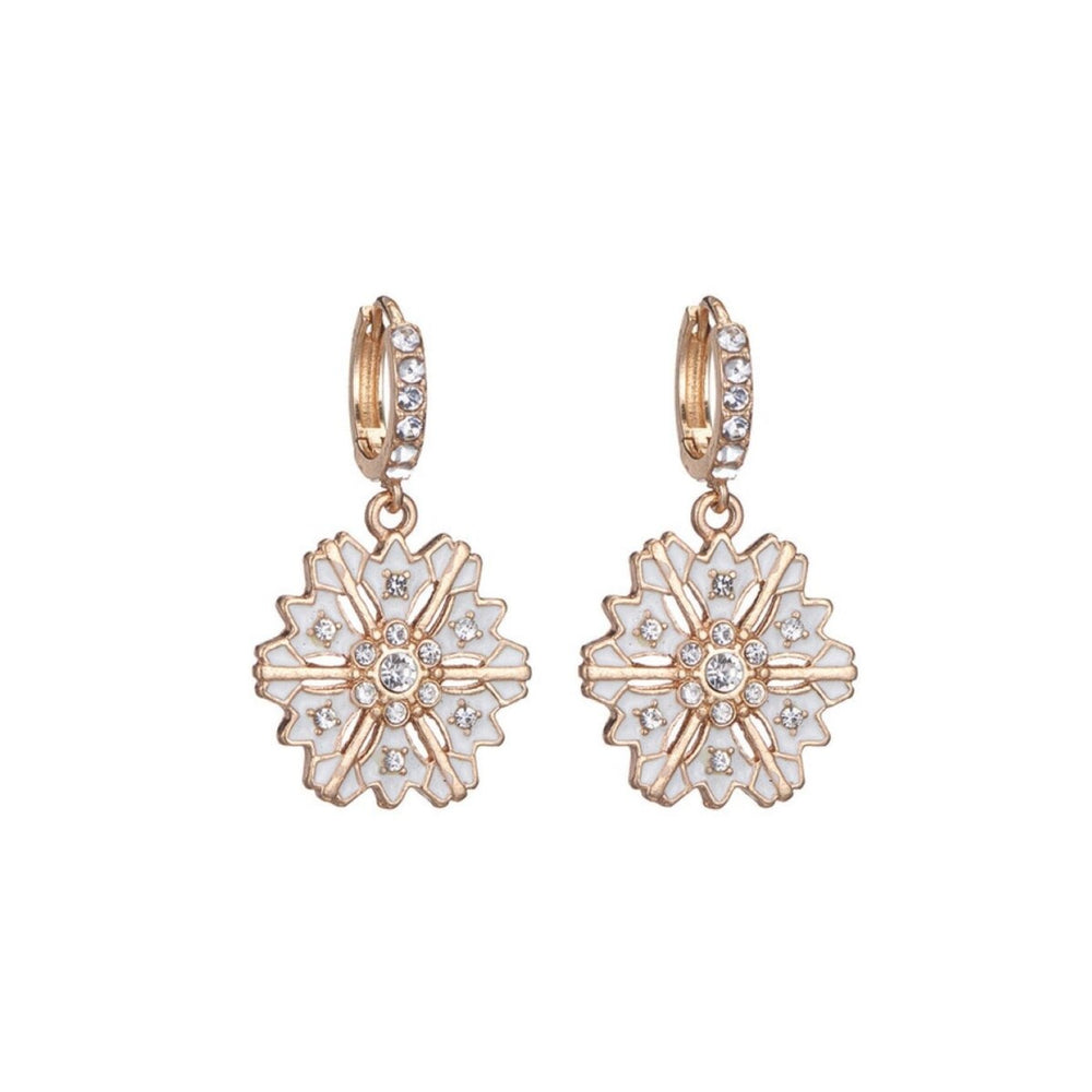 Goldtone & White Crystal Snowflake Huggie Earrings