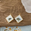 Goldtone & White Square Blue Dried Flower Drop Earrings