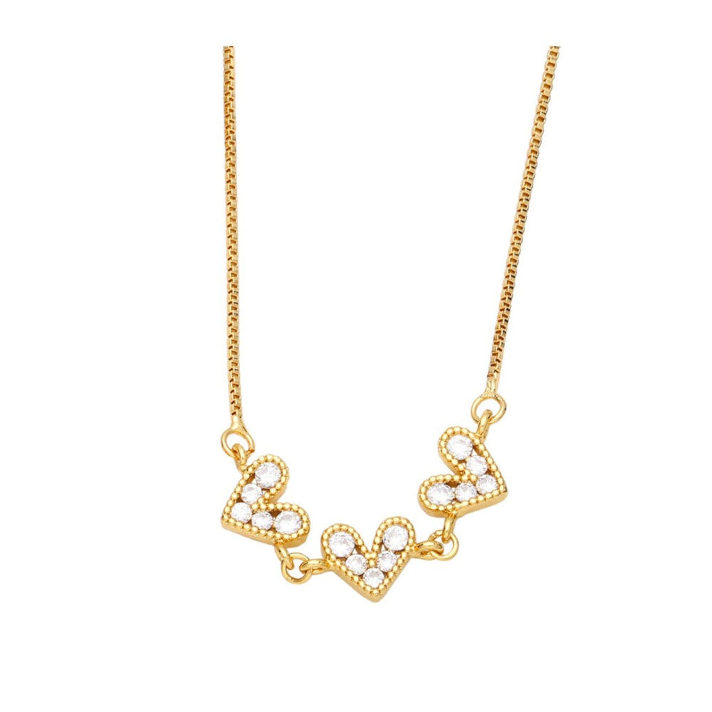 Goldtone dainty Tripe Heart Necklace with CZ - White