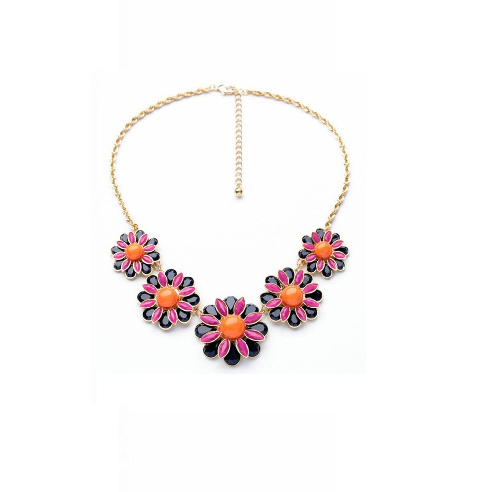 Goldtone, Pink And Black Floral Bib Necklace - White