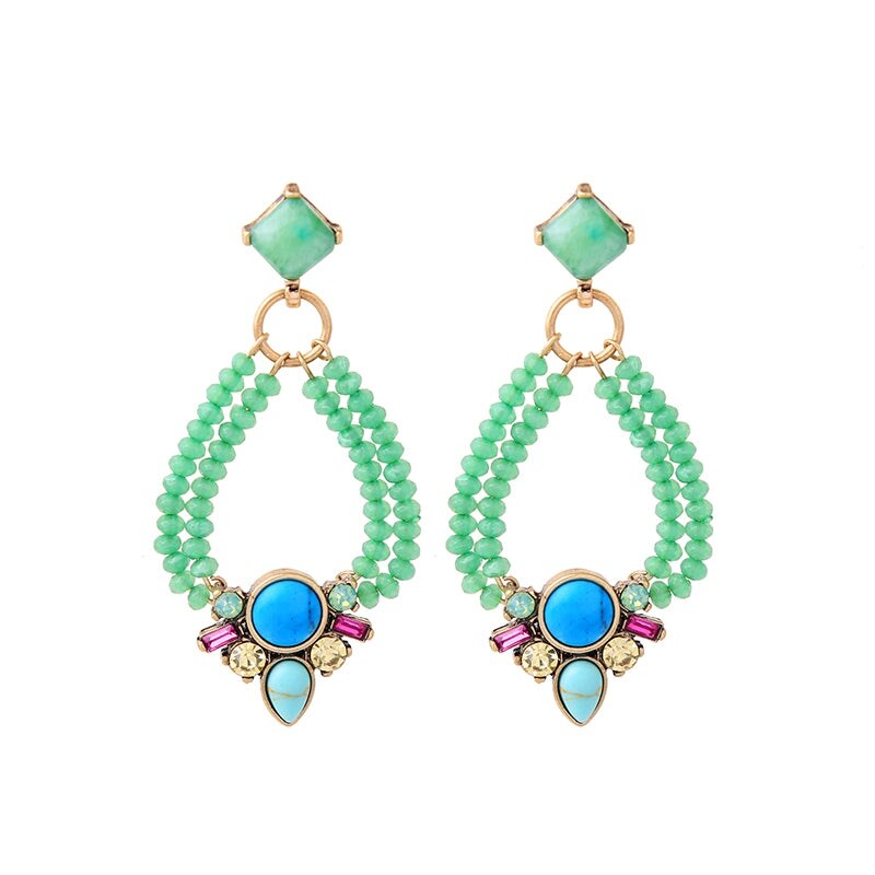 Green Beaded Multi Colored Open Teardrop Drop Earrings