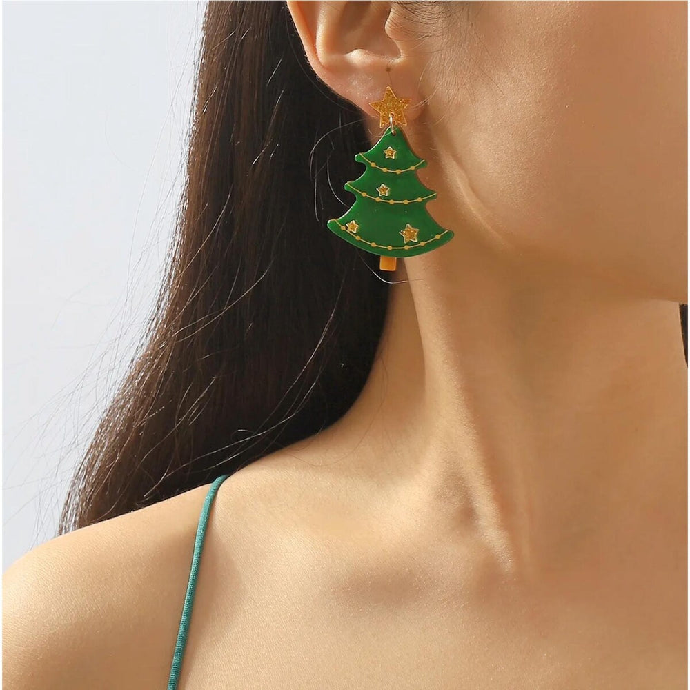 Green Christmas Tree with Gold Stars Drop Earrings