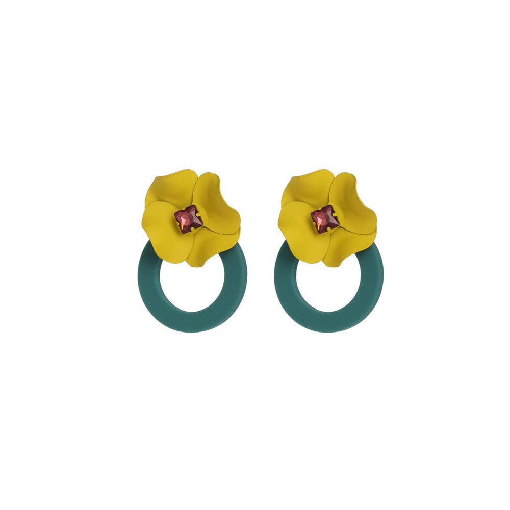 Green Circular Yellow Flower Earrings