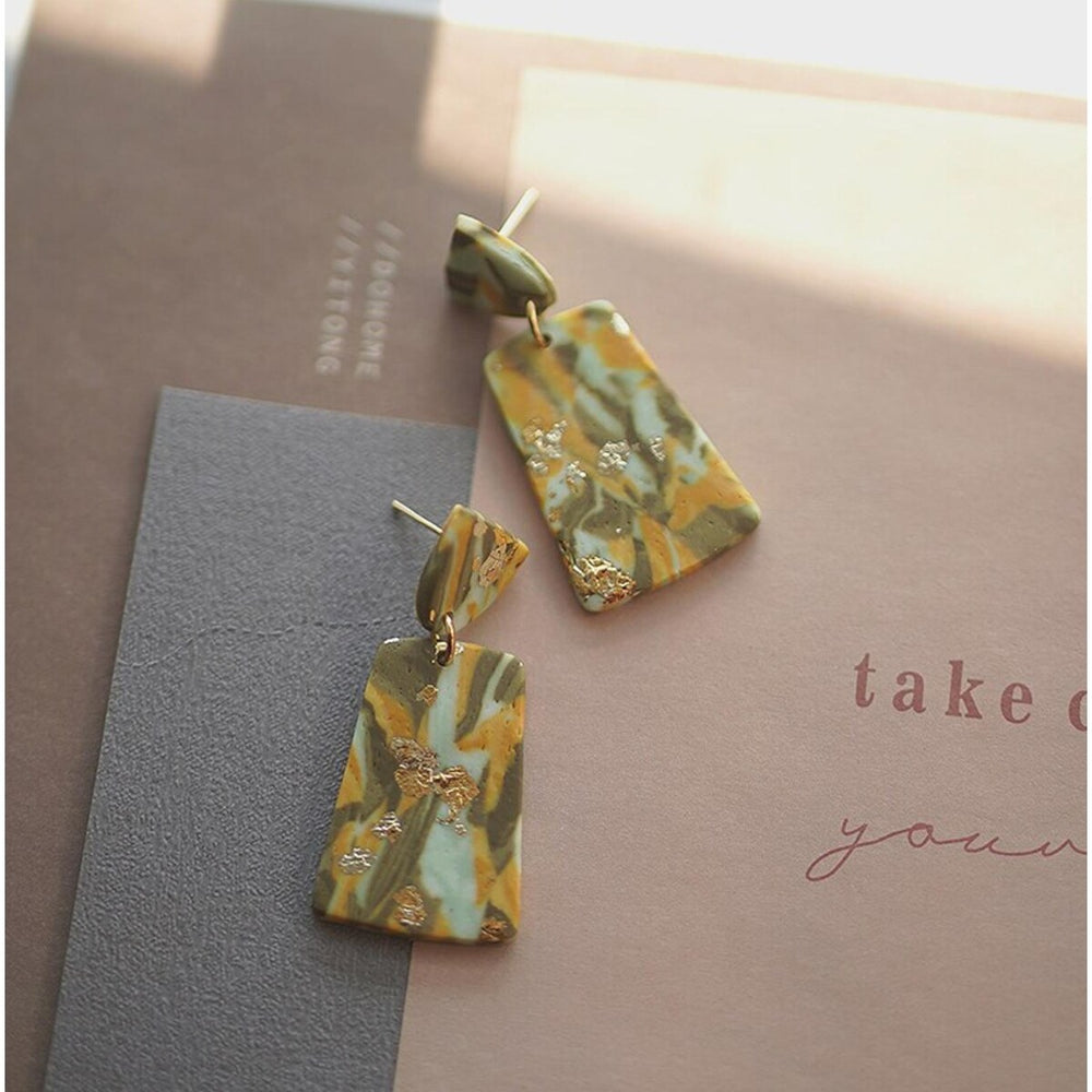 Green Clay & Goldtone Rectangular Drop Earrings