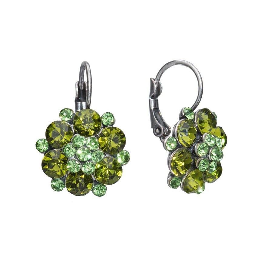 Green Crystal Flower Leverback Earrings