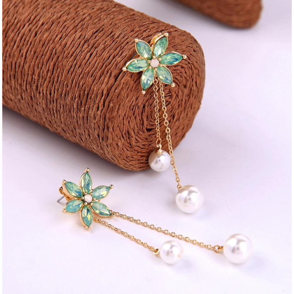 Green Crystal Imitation Pearl Floral Chain Drop Earrings