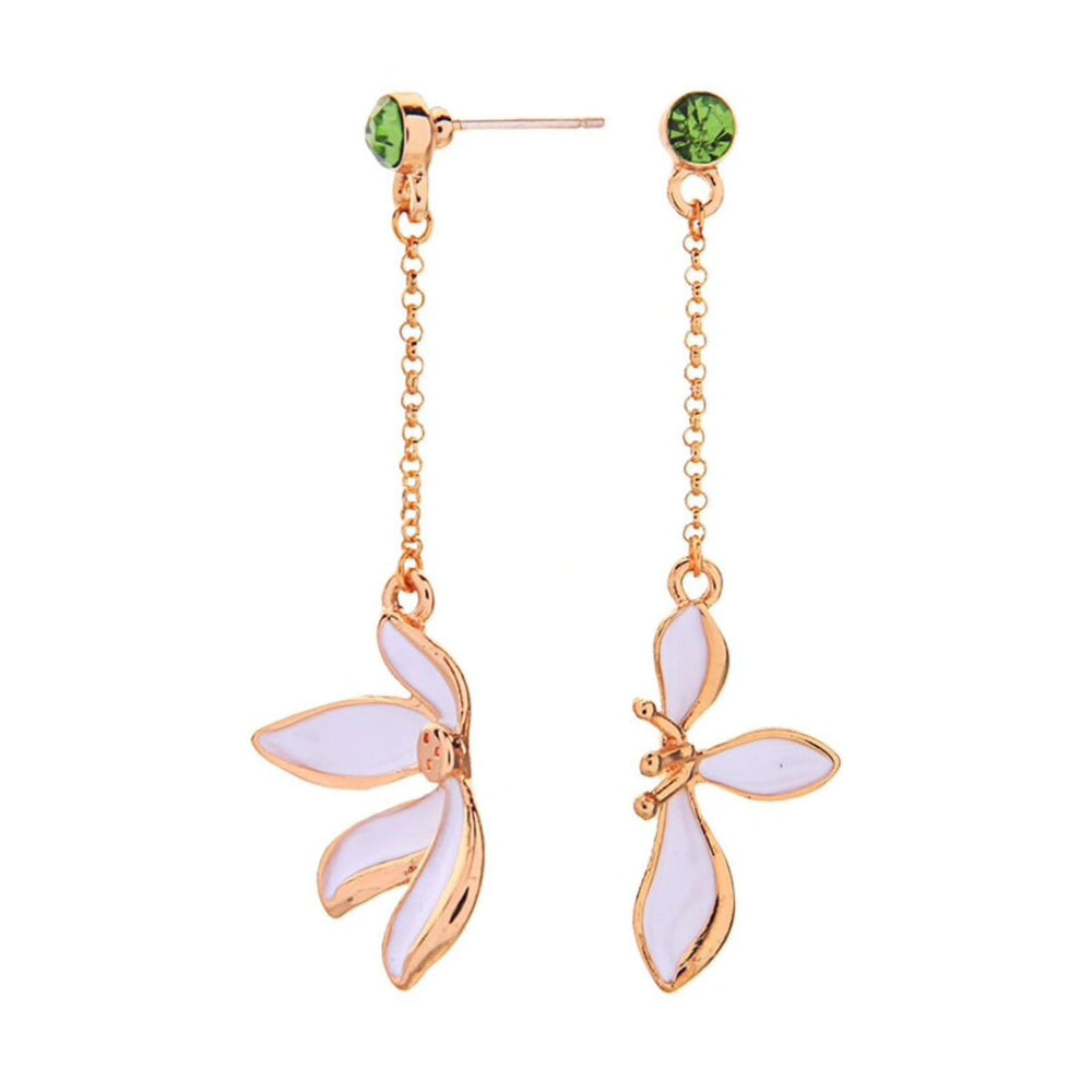 Green Crystal White Flower Chain Drop Earrings