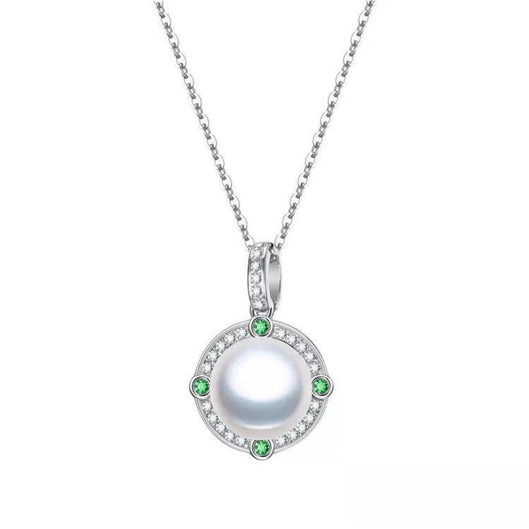 Green Cubic Zirconia & Cultured Pearl Halo Pendant Necklace - White