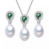 Green Cubic Zirconia & Freshwater Pearl Pendant Necklace Set - White