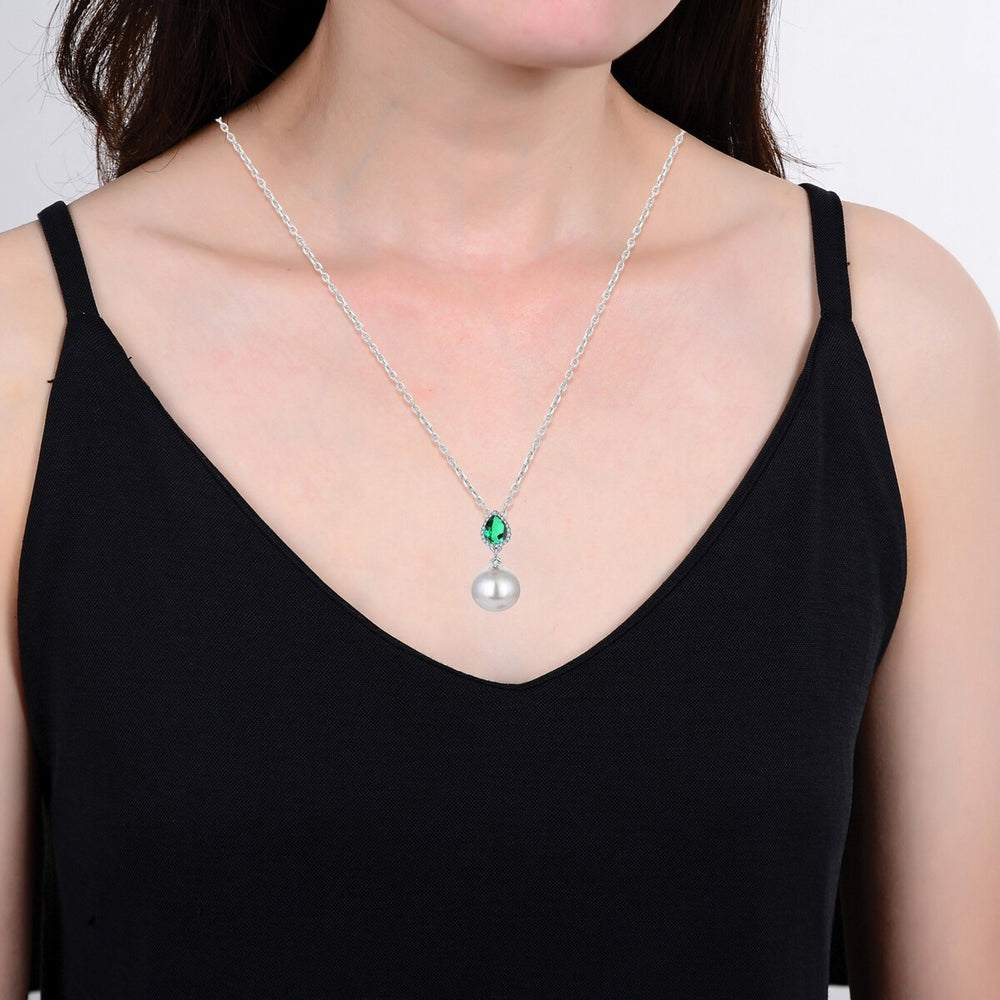 Green Emerald and Shell Pearl Drop Pendant Necklace