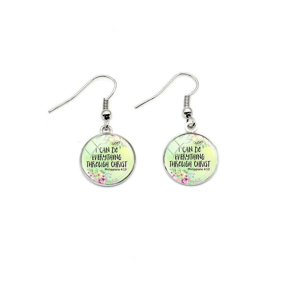 Green Floral I Can Do All Things Circular Drop Earrings