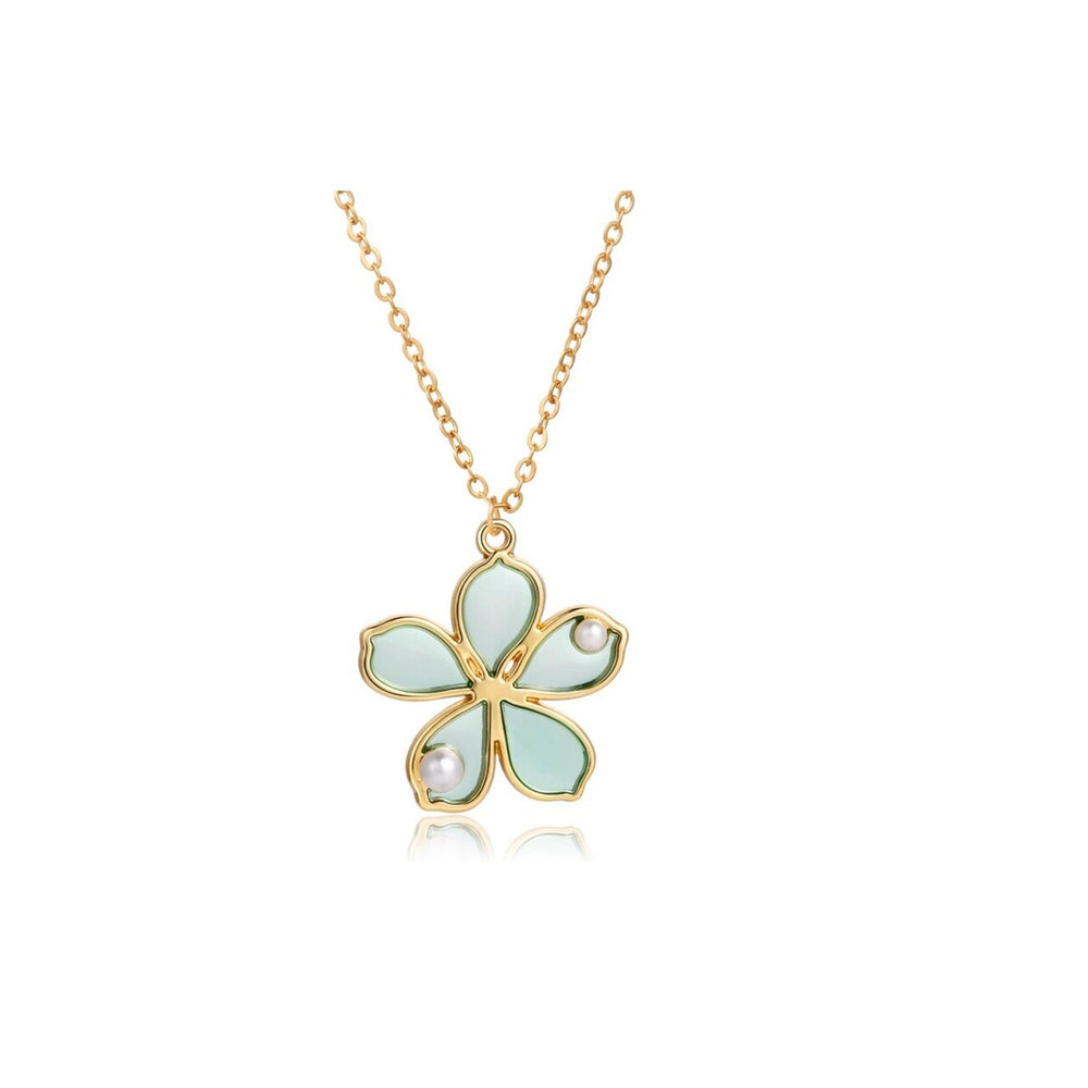 Green Flower Pendant Necklace With Imitation Pearl - White