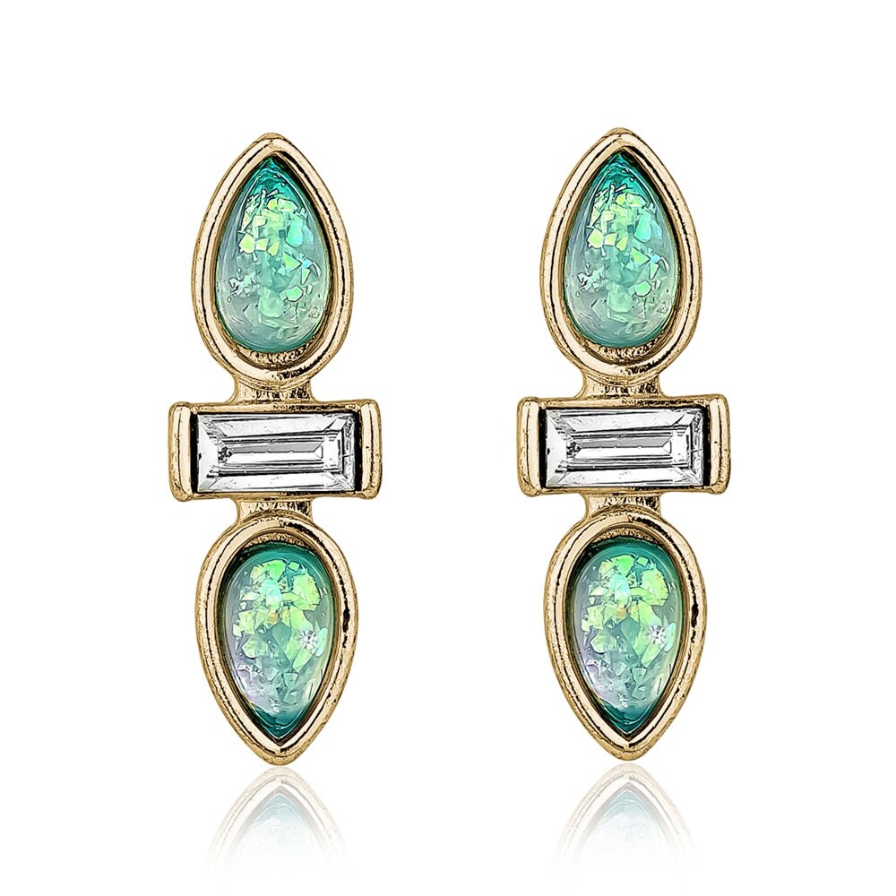 Green Goldtone Dual Teardrop Stud Earrings