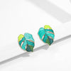 Green Goldtone Jungle Leaves Stud Earrings