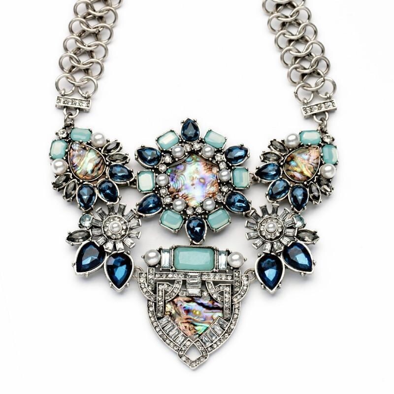 Green Multi Colored Crystal Statement Necklace - White