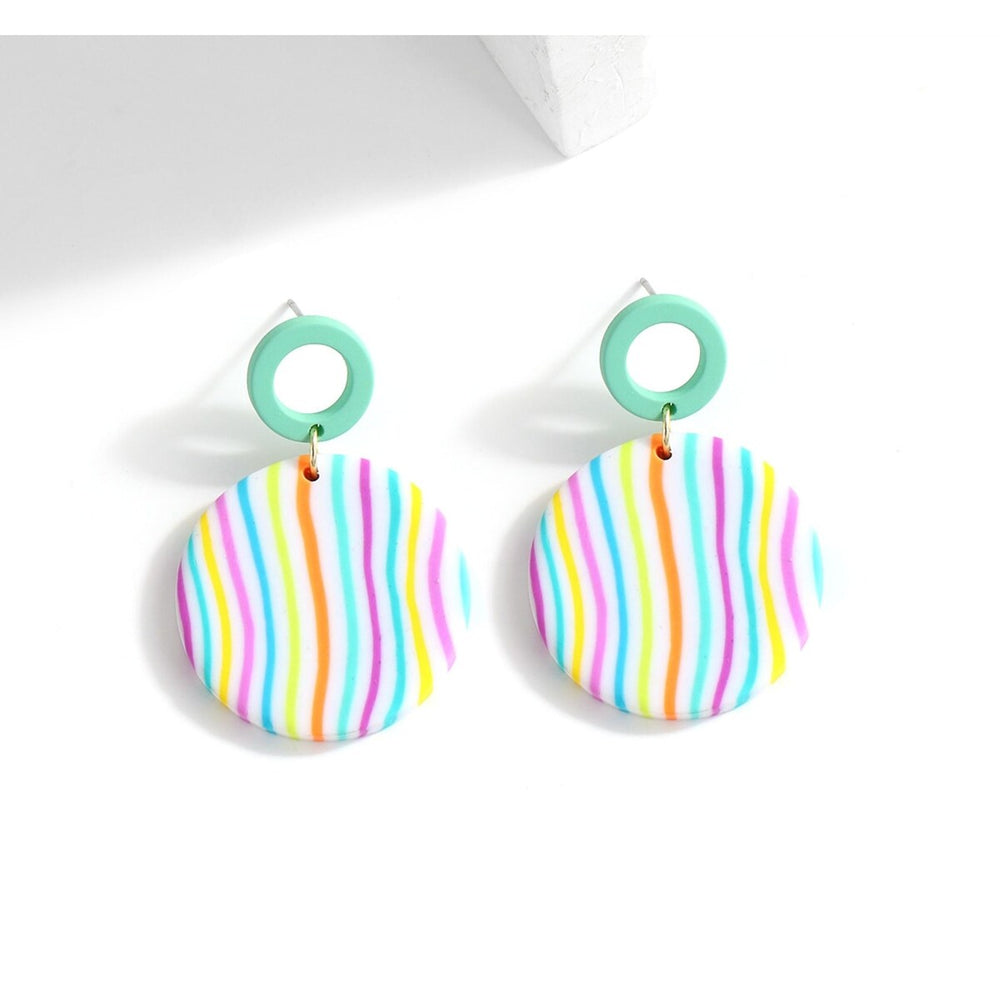 Green Multi Colored Striped Circular Drop Earrings