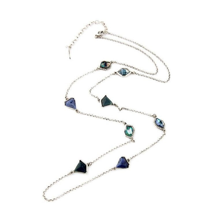 Green Navy Blue Geometric Long Necklace - White