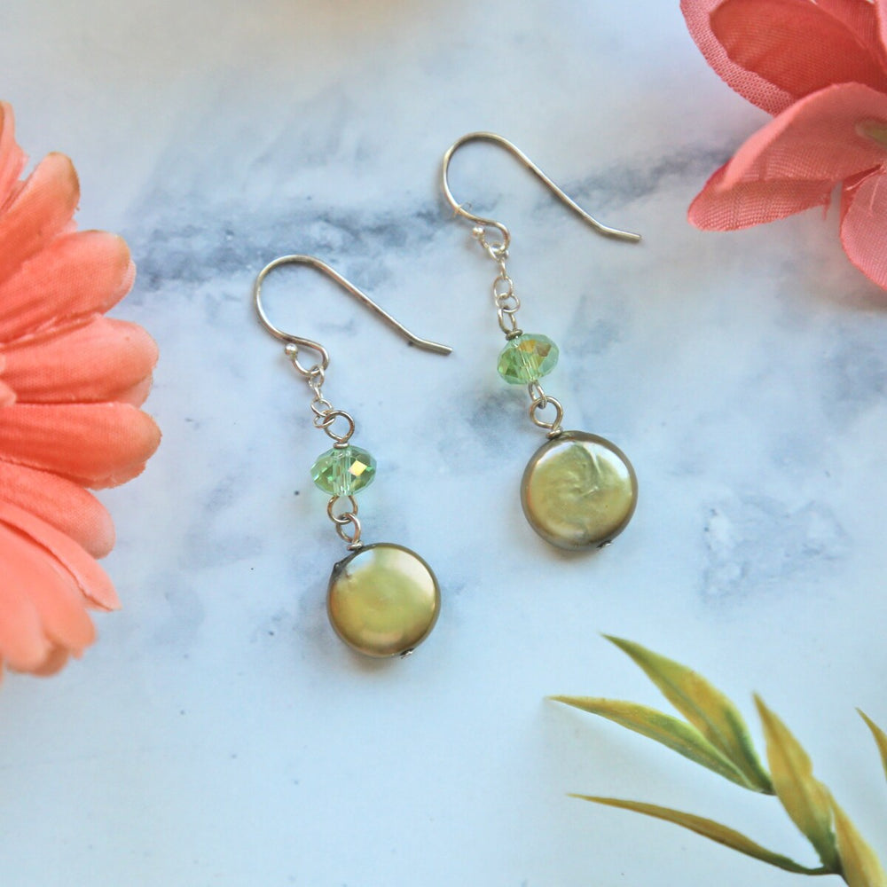 Green Olive Coin Pearl Drop Down Earrings