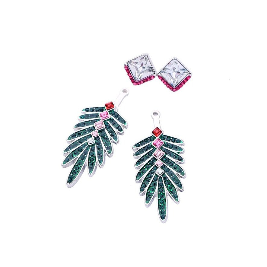 Green Pink Crystal Leaf Drop Earrings