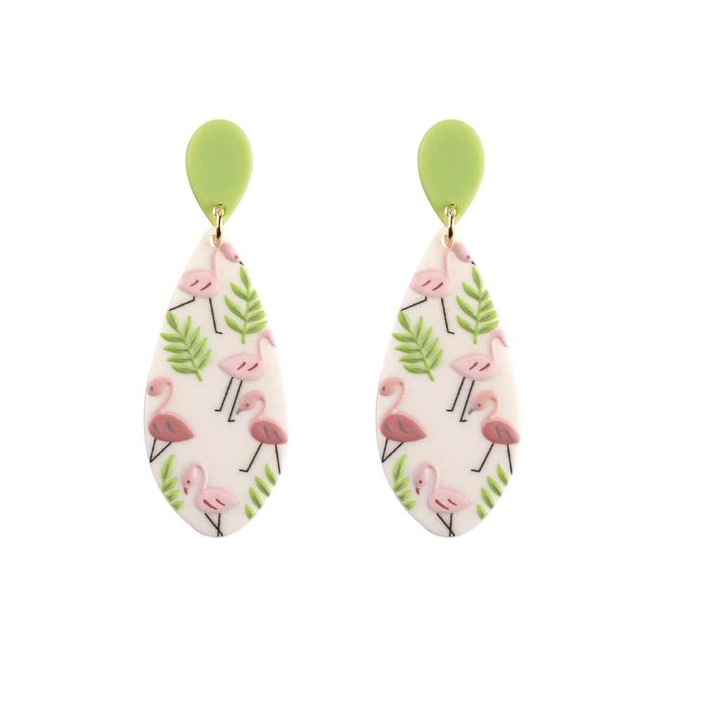 Green Plant Pink Flamingo Teardrop Drop Earrings