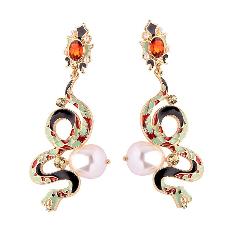 Green Red Snake Drop Earrings With Faux Pearl