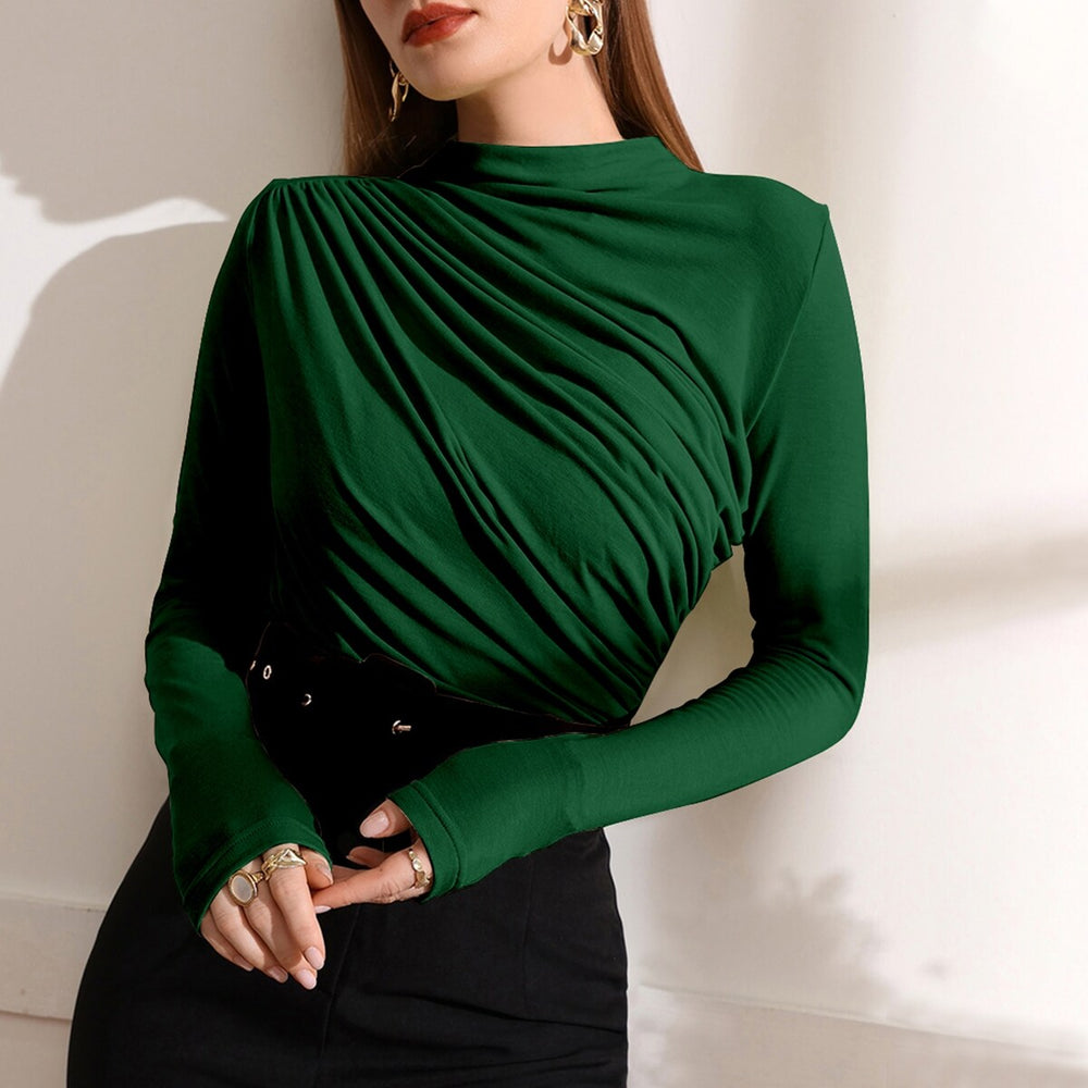 Green Ruched Mock Neck Long Sleeve T-Shirt