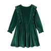 Green Ruffle-Accent Velvet A-Line Dress