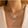 Green Silvertone Crescent Moon Layered Necklace - White