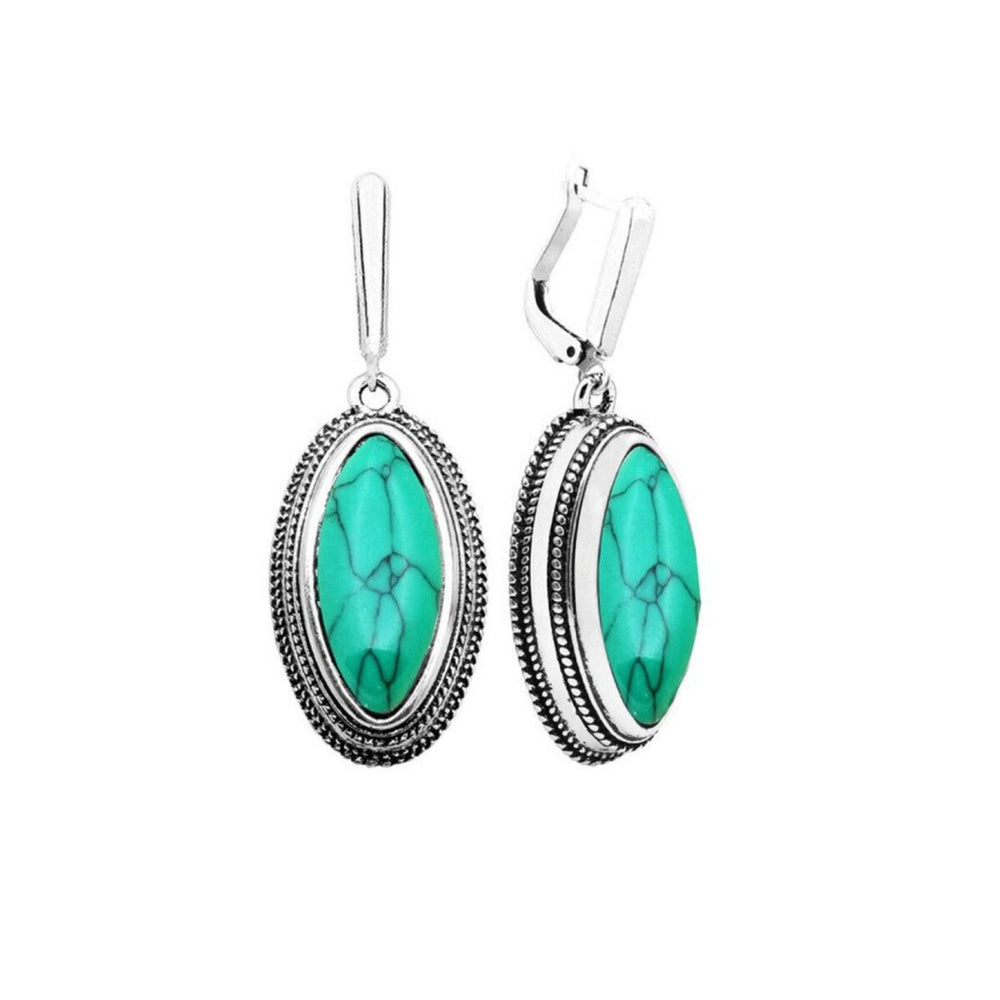 Green Silvertone Oval Leverback Earrings