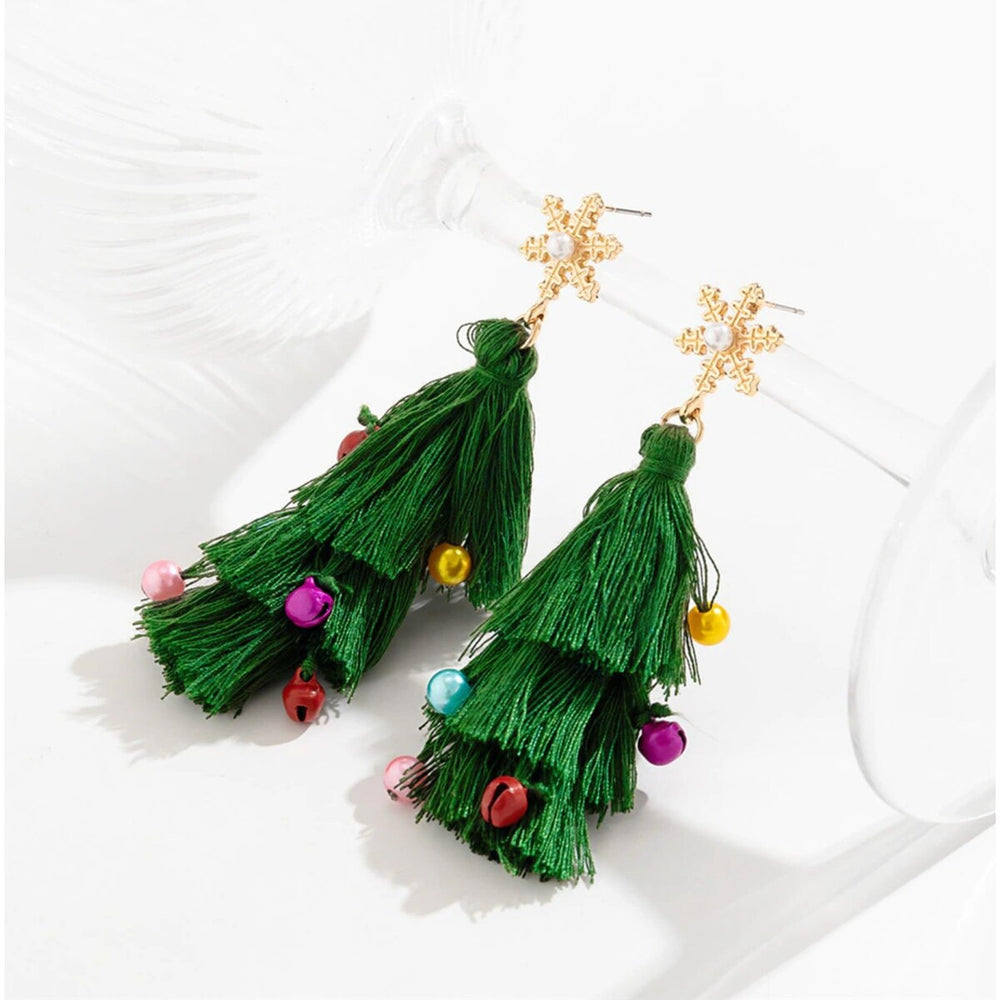 Green Tasseled Christmas Tree With Ornaments Drop Earrings