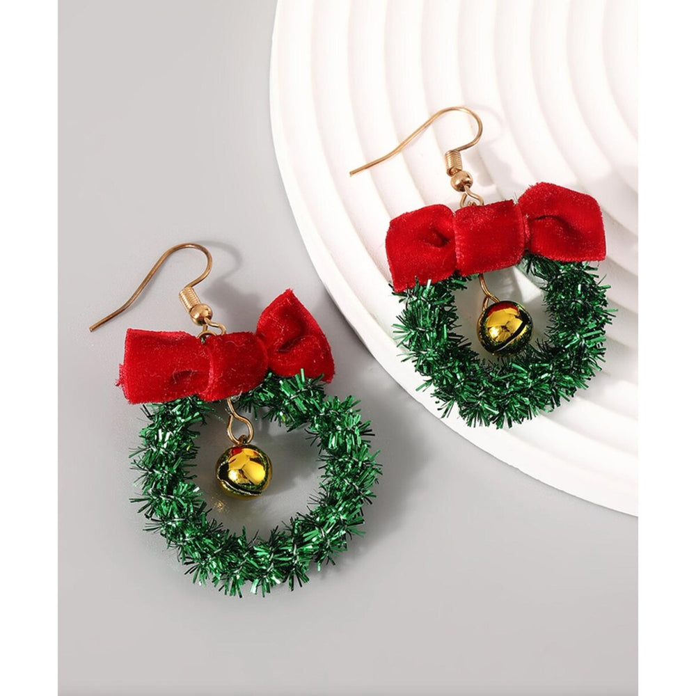 Green Wreath With Red Bow Drop Earrings