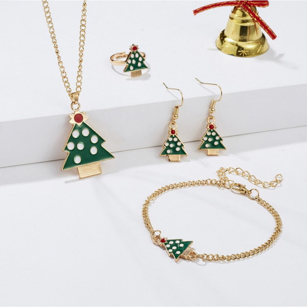 Green & Goldtone Christmas Tree Necklace, Earring, Ring & Bracelet Set - White