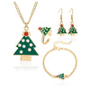 Green & Goldtone Christmas Tree Necklace, Earring, Ring & Bracelet Set - White