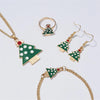 Green & Goldtone Christmas Tree Necklace, Earring, Ring & Bracelet Set - White