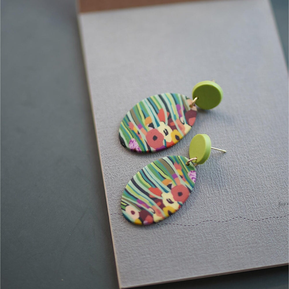 Green & Multi Coloured Painted Flowers Oval Clay Earrings