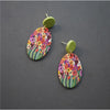 Green & Multi Coloured Painted Flowers Oval Clay Earrings