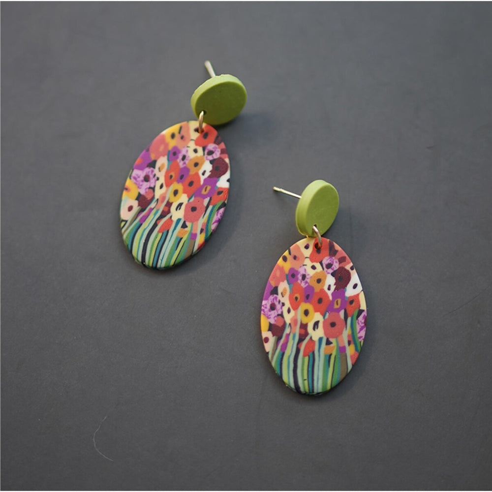 Green & Multi Coloured Painted Flowers Oval Clay Earrings