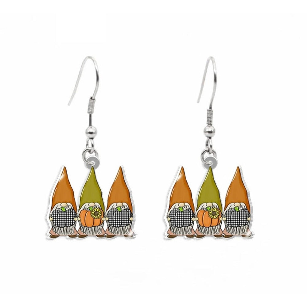 Green & Orange Gnomes With Pumpkins Drop Earrings